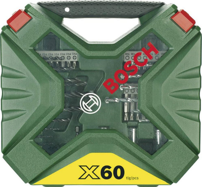 Set stërvitëse dhe bitash Bosch X-Line, 60 copë, me kuti plastike, jeshil