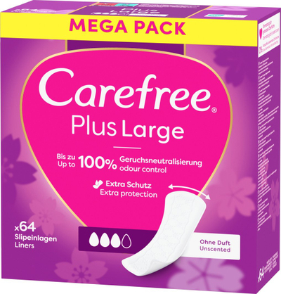 Peceta higjienike Carefree Plus Large Unscented, përditshme, 64 copë, të bardha