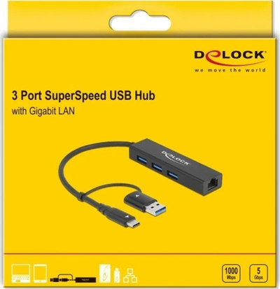 Hub USB DeLOCK 3 Porta USB 3.2 Gen 1, Gigabit LAN, USB Type C edhe USB Type A, gri metal
