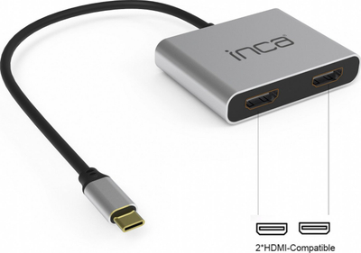 Adapter USB C Inca ITPC-4, 2x HDMI 4K 30Hz, USB A, USB C, gri