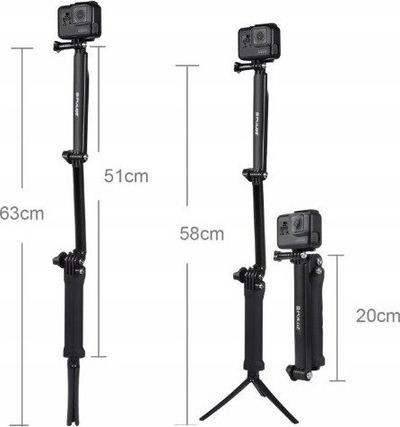 Monopod dorezë 3 në 1 Puluz Three Arm Grip, për GoPro SJCAM Xiaomi, plastik, i zi