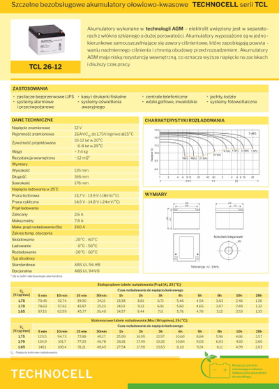 Bateri AGM Technocell TCL26-12, 12V, 26Ah