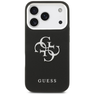Këllëf telefoni Guess Hardcase 4G Grained Classic Logo për iPhone 17 Pro, TPU me lëkurë eko, i zi