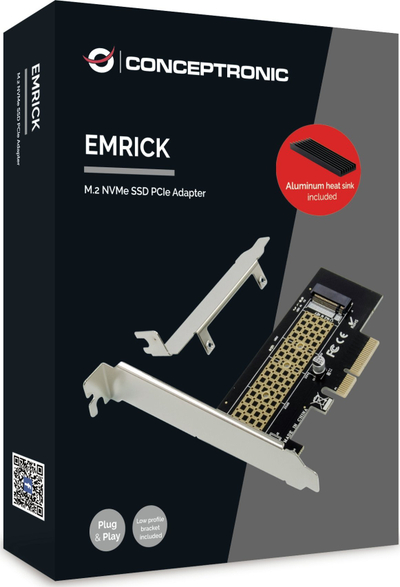 Përshtatës PCIe për SSD M.2 NVMe Conceptronic EMRICK, mbështetje key M, me shpejtësi të lartë, i zi