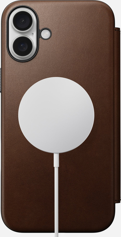 Këllëf portofol Nomad Modern Leather Folio për iPhone 16 Plus, lëkurë full grain, MagSafe, kafe