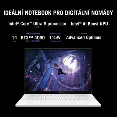 Laptop ASUS ROG Zephyrus G16 GU605MZ, 16\", WQXGA, Intel U9-185H, NVIDIA GeForce RTX 4070, 32GB RAM, 1TB SSD, i bardhë