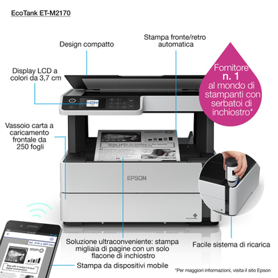 Мултифункционален печатач Epson EcoTank M2170, моно инкџет, 1200 x 2400 DPI, A4, црно-бел
