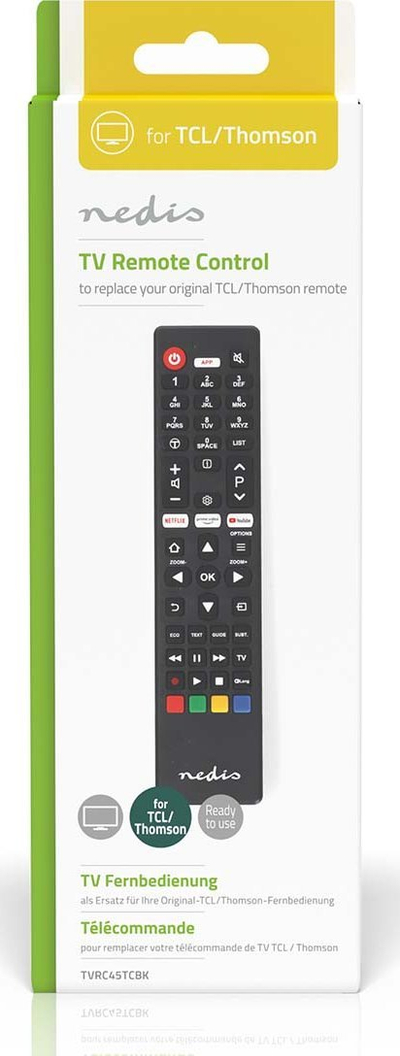 Telekomandë Nedis për TV TCL Thomson, me infra të kuqe, me butona Netflix Amazon Prime YouTube, ngjyrë e zezë