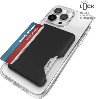 Portofol MagSafe Speck ClickLock për iPhone, 1–3 kartela, i zi