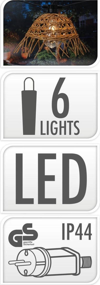 Dritë dekorative varëse Party Lights, 6 LED, 5.5m, ratan i natyrshëm