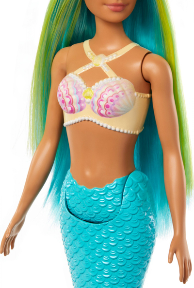 Kukull sirenë Barbie Mermaid, flokë blu dhe të verdha, bisht turkez, me aksesor në kokë