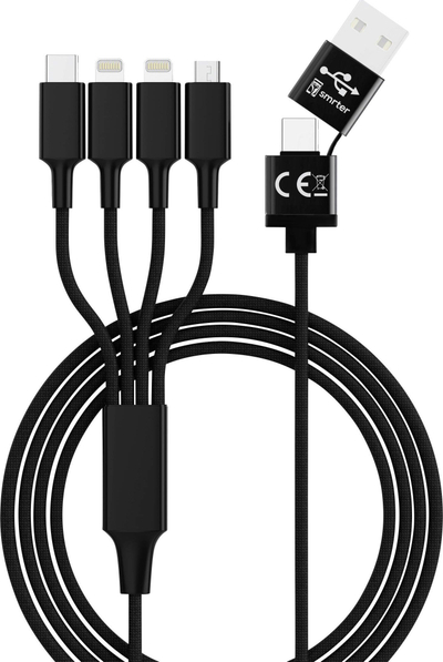 Kabllo USB Smrter Elite, USB A në USB C microUSB 2x Lightning, 1.2 m, e zezë