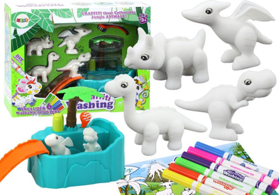Set kreativ për me bo pikturë dinosaurësh Leantoys, 6 lapsa me ngjyra që lahen, lodra të bardha