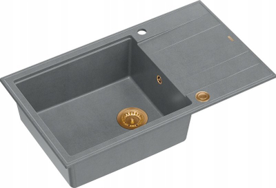 Lavamanoj kuzhine graniti GraniteQ EVAN 136 XL, 1 tas, sifon me buton Push To Open, silver stone me elemente bakri