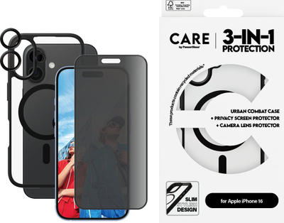 Set mbrojtës CARE by PanzerGlass 3‑në‑1, për iPhone 16, xham privacy, kapak me MagSafe, i zi