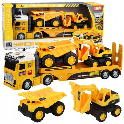 Set lodrash LEAN Toys Construction Vehicles, kamion transportues me eskavator dhe tipper, drita dhe tinguj, i verdhë