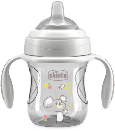 Чаша за тренирање Chicco Transition Cup 4m+, 200 ml, со рачки, сива