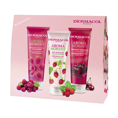 Set për trup Dermacol Aroma Moment Mix II, xhel dushi me aromë mjedre 250 ml + xhel dushi me aromë luleshtrydhe 250 ml + xhel dushi me ekstrakt lule qershie 250 ml