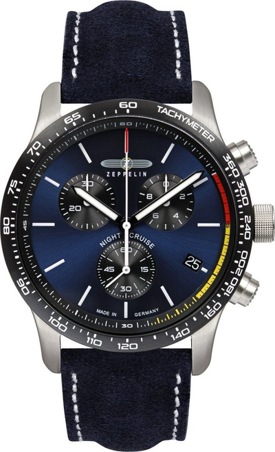Orë dore Zeppelin 7288-3 Night Cruise, kronograf quartz 43mm, me numërblu të kaltër, rrip lëkure blu e errët
