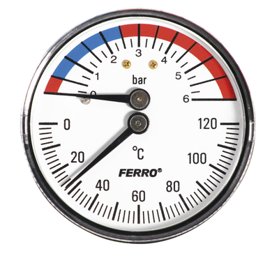 Termomanometër Ferro 63mm, 6 bar, 120°C, hyrje nga mbrapa 1/2"