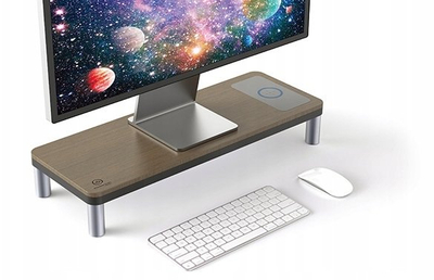 Базамент за монитор Powerton ERGO DOKY, докинг станица USB C HDMI RJ45, безжично полнење 15W, сива боја со декор од темно дрво