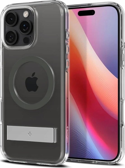Mbulesë telefoni Spigen Ultra Hybrid S MagSafe për iPhone 16 Pro Max, transparente, me mbajtëse, grafit