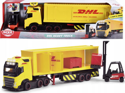 Kamion lodër Dickie DHL Heavy Truck 203747018, me forklift, me drita dhe zë, i verdhë