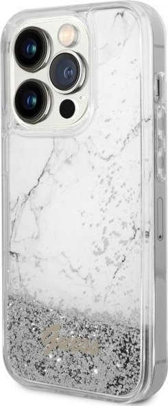 Mbulesë telefoni Guess GUHCP14LLCSGSGH për iPhone 14 Pro, Liquid Glitter Marble, e bardhë