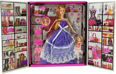 Kukull LeanToys princeshë, me fustan t'gjatë vjollcë, me çantë edhe gjëra shtesë
