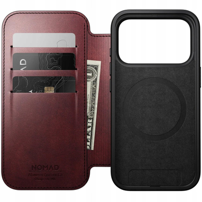 Kapak folio Nomad Modern Leather, për iPhone 17 Pro, lëkurë Horween, kompatibil me MagSafe, burgundy