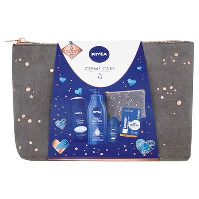 Set Nivea Cosmetic Creme Care losion trupi 400 ml + xhel dushi 250 ml + balsam për buzë 4.8 g + çantë kozmetike