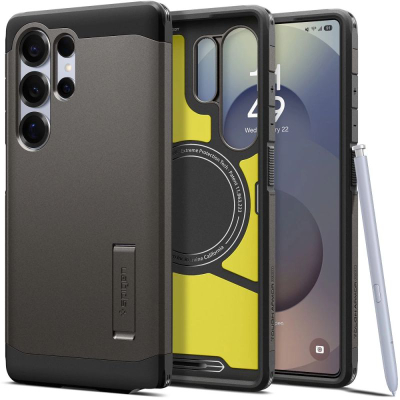 Kllëf telefoni Spigen Tough Armor AI MagFit, për Galaxy S25 Ultra, me këmbë mbajtëse, gunmetal