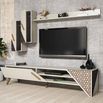 Set mobilerie muri Farfan, për TV deri 70", krem, me rafte dhe dollapë