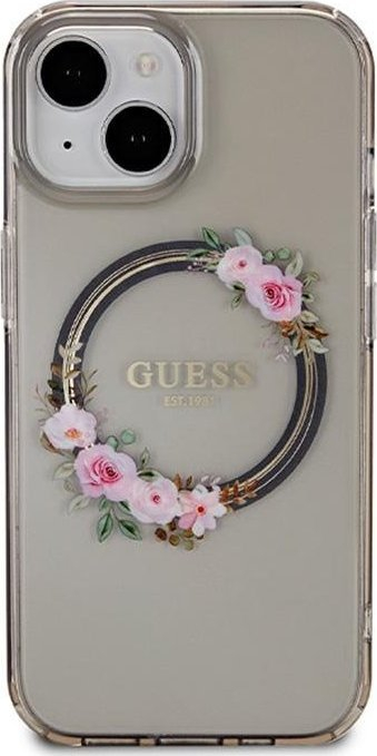Маска за телефон Guess IML Flowers Wreath MagSafe за iPhone 15, TPU PC, транспарентна