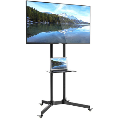 Stativ dyshemeje për TV Techly ICA-TR6, 30"-65", me rrota, me raft xhami, i zi