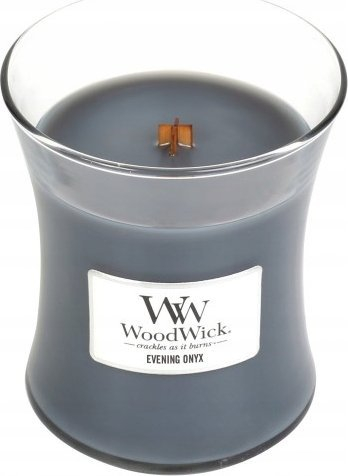 Qiri WoodWick Evening Onyx Medium Hourglass, aromë jargavan dhe sandali, i zi