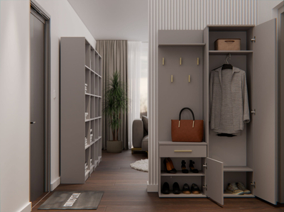 Garderobë korridori Wardrobe Duo CLAY, me pasqyrë, me rafte dhe sirtar, gri clay