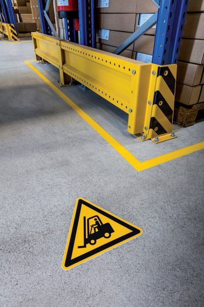 Shenjë dyshemeje paralajmëruese Durable Caution Forklifts, me ngjitës t' përhershëm, kundër rrëshqitjes R9, e verdhë