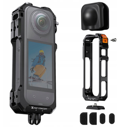 Kafaz kamerë K&amp;F Concept për Insta360 X5, aliazh alumini, kapak silikoni për lente, 2 mbajtëse Cold Shoe