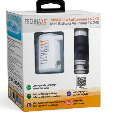 Pompa elektrike ajri Technaxx TX-261, 180 L/min, bateri 1360 mAh, e zezë