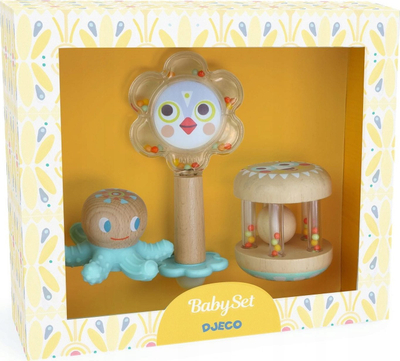 Set lodrash për bebe DJECO, 3 pjesë, silikon dhe dru, shumëngjyrësh