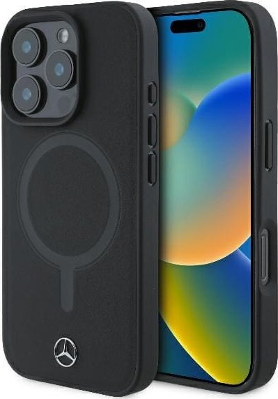 Kuti telefoni Mercedes me lëkurë të lëmuar për iPhone 16 Pro Max, 6.9", MagSafe, e zezë