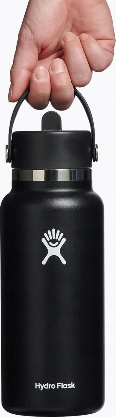 Shishe termike Hydro Flask Wide Mouth 32oz, kapak me pipëz, çelik inox, e zezë