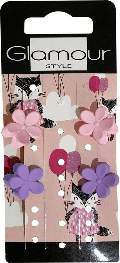 Kapëse flokësh për fëmijë Glamour Kids Little Flowers, 4 copë, rozë dhe vjollcë