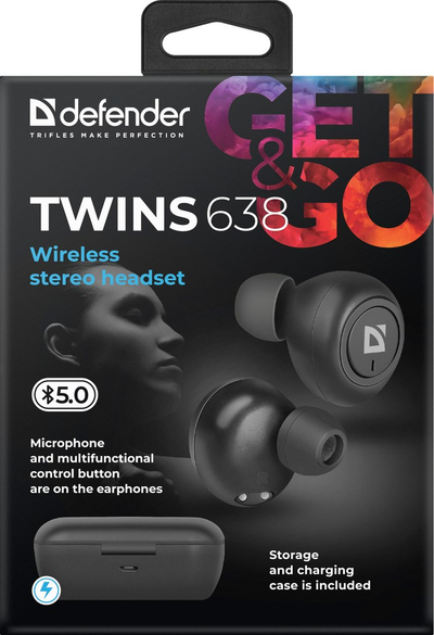 Dëgjuese Defender Twins 638, Wireless, të zeza