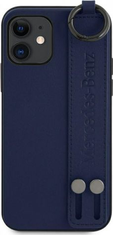 Kapak telefoni Mercedes-Benz për iPhone 12 Mini, lëkurë natyrale, rrip dore me unazë, blu navy