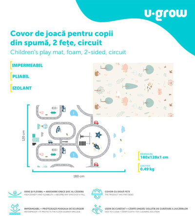 Tapet lojërash për fëmijë U-Grow, shkumë, palosës, 120 x 180 x 1 cm, me dy anë