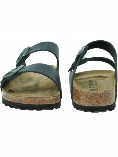 Sandale Birkenstock Arizona, lëkurë e zezë e vajosme, shollë e formume për këmbë