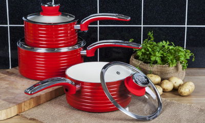 Set tenxheresh Swan Retro 5 copë, qeramike jo ngjitëse, për induksion, e kuqe