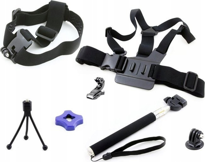 Set aksesorësh Xrec 7 në 1 për GoPro Hero, me monopod, rrip koke dhe gjoksi, ngjyrë e zezë